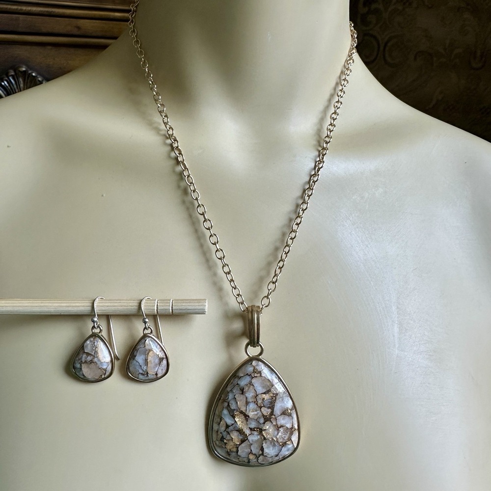 Barse Pendant Necklace 18 Inch Adj Match Dangle Earrings Set Composite Calcite